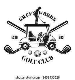 Golf car and crossed golf sticks vector vintage monochrome emblem isolated on white background