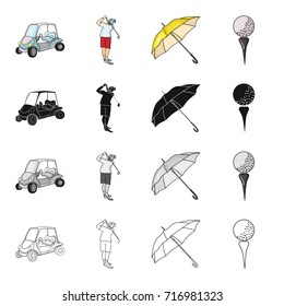 Golf car, golfer, umbrella, ball on the stand. Golf set collection icons in cartoon black monochrome outline style vector symbol stock illustration web.