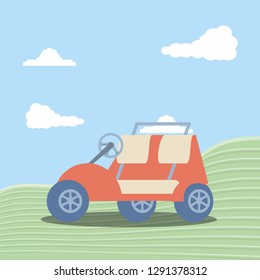 golf car in grass with sky and clouds