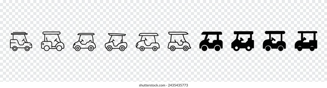 Icono del coche de golf, icono del vector del carrito de golf, carrito de golf con palos, siluetas del coche de golf, icono del coche del carrito de golf