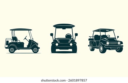 Golf car icon set vector, Silhouettes of Golf Cars in Front, Side, and Angled Profiles, Golf field electric vehicle.
