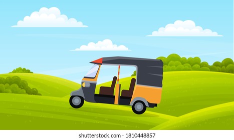 Golf car on light green lawn, field, hills, green deciduous bushes. Countryside, spring or summer time of year. Blue clear sky. Cartoon design for banners, sites. Flat vector image of landscape