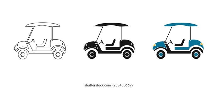 golf car set design, outline, solid black, and colored, editable vector eps 10