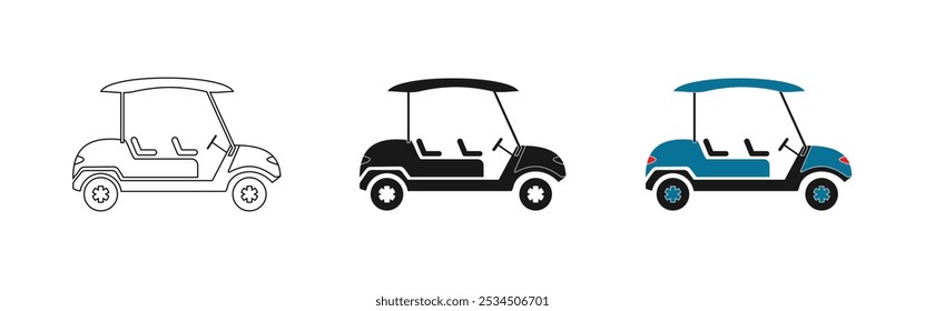 golf car set design, outline, solid black, and colored, editable vector eps 10