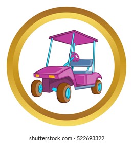 Golf car vector icon in golden circle, cartoon style isolated on white background