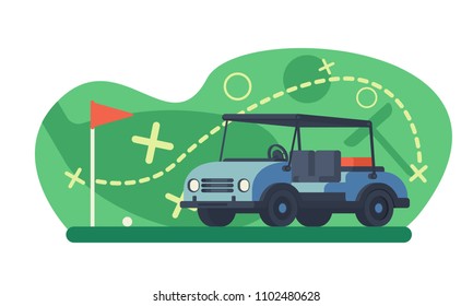 Golf cart with abstract game background. Golf course Vector illustration.