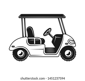 Golf Cart Or Buggy Side View Vector Monochrome Object, Design Element In Vintage Style Isolated On White Background