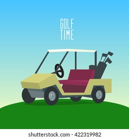 golf cart, golf car with golf club bag, country club, course resort transport element, perspective view, cartoon style, background, vector illustration