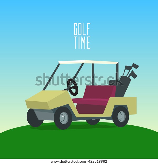 golf cart, golf car with golf club\
bag, country club, course resort transport element, perspective\
view, cartoon style, background, vector\
illustration