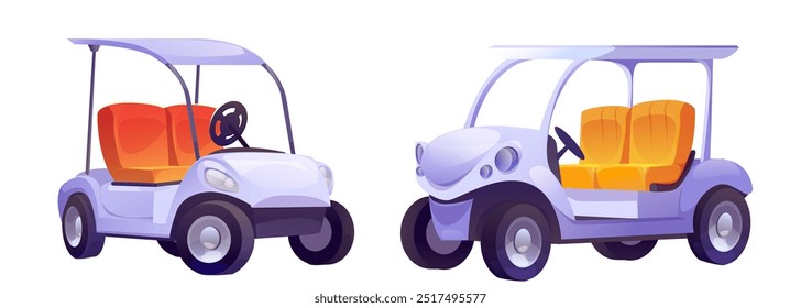 Golf cart for driving on course during training and tournament. Open electric energy buggy for golfer transfer. Cartoon vector illustration set of outdoor sport electricity automobile equipment.