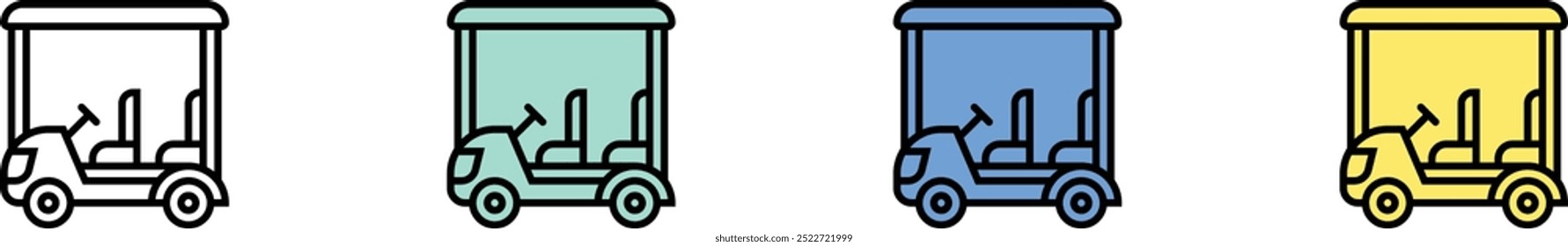 ícone do carrinho de golfe. Contorno, Design de estilo verde, azul e amarelo isolado no plano de fundo branco
