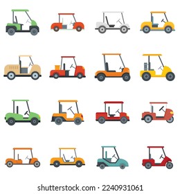 Golf cart icons set. Flat set of golf cart vector icons for web design isolated