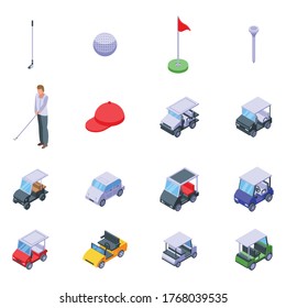 Juego de iconos del carrito de golf. Conjunto isométrico de iconos vectoriales de carrito de golf para diseño web aislados en fondo blanco