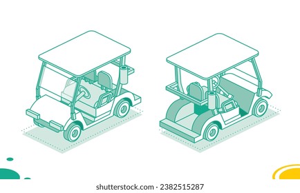 Carrito de golf aislado en un fondo blanco. Símbolo isométrico del coche de golf. Ilustración vectorial. Vista frontal y posterior.