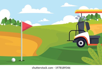 Golf cart on green field background vector