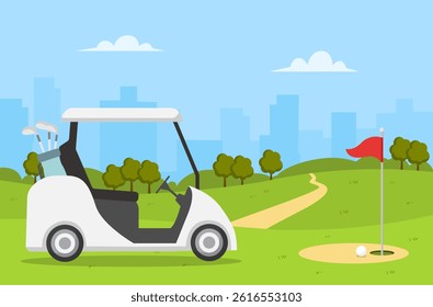 Golf cart on green field with grass,flag, trees. Golf course background. Vector stock