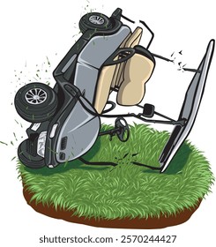 Golf cart overturned and damaged on the grass