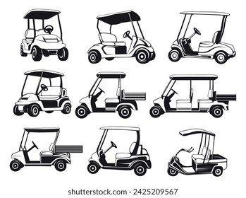Golf cart sport club transportation with seat and wheels icon set black doodle isometric vector illustration. Automobile buggy for golfing game playing hobby driving recreation activity vehicle