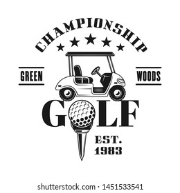 Golf cart vector emblem, badge, label or logo for sport championship in vintage monochrome style isolated on white background