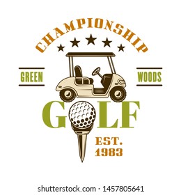 Golf cart vector emblem, badge, label or logo for sport championship. Vintage colored illustration isolated on white background