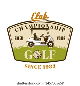 Golf cart vector emblem, badge, label or logo. Vintage colored illustration isolated on white background