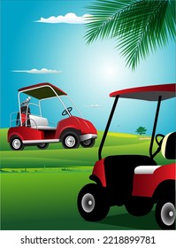 Golf cart vector illustration on golf course.
