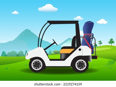 Golf cart vector illustration on golf course.