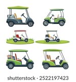 Golf cart vehicle used for transport and leisure on a green course, driven by an electric engine for sport and relaxation - vector illustration