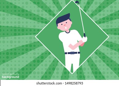 Golf cartoon character in flat style. Golf player with putter. Retro style. Background. Vector Illustration