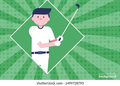 Golf cartoon character in flat style. Golf player with putter. Retro style. Background. Vector Illustration