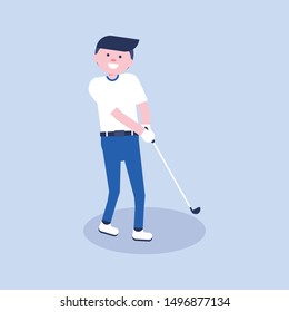 Golf cartoon player in modern flat style. Golf equipment icon. Isolated character playing golf and having a fun. Game moment. Vector Illustration