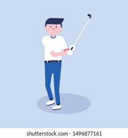 Golf cartoon player in modern flat style. Golf equipment icon. Isolated character playing golf and having a fun. Game moment. Vector Illustration