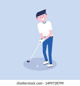 Golf cartoon player in modern flat style. Golf equipment icon. Isolated character playing golf and having a fun. Game moment. Vector Illustration