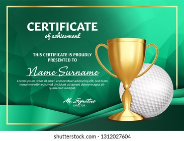 Golf Certificate Diploma With Golden Cup Vector. Sport Award Template. Achievement Design. Honor Background. A4 Horizontal. Illustration