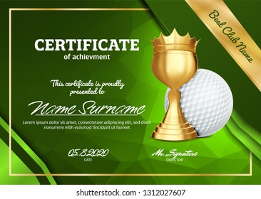 Golf Certificate Diploma With Golden Cup Vector. Sport Graduation. Elegant Document. Luxury Paper. A4 Horizontal. Championship Illustration