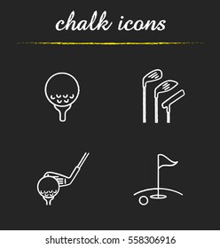 Golf chalk icons set. Golf course, clubs, ball on tee. Isolated vector chalkboard illustrations
