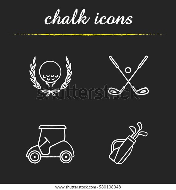 Golf championship chalk icons set. Ball in\
laurel wreath, crossed clubs, cart and bag. Isolated vector\
chalkboard illustrations