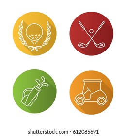 Golf championship flat linear long shadow icons set. Ball in laurel wreath, crossed clubs, cart and bag. Vector line illustration