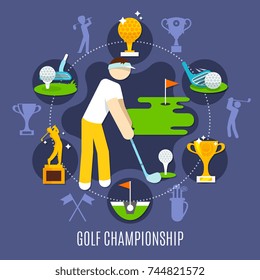 Golf championship round composition with player in game stance, trophies, sports equipment on blue background vector illustration