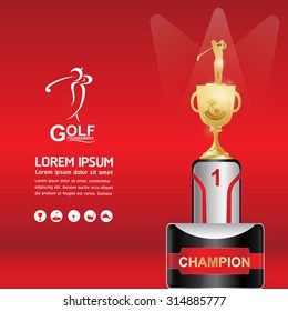 Golf Championship Vector Trophies and Golf Element  on Red Background