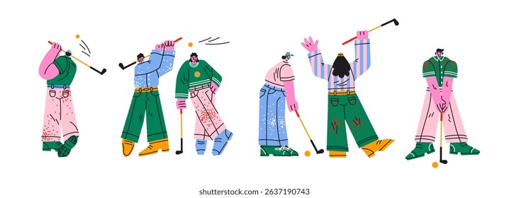 Golf characters in retro cartoon style. Stylized mascots players with clubs and balls, dynamic poses, vibrant sporty outfits, 90s-inspired active scene, outdoor leisure illustration in retro style