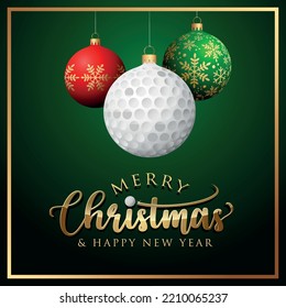 Golf Christmas card. Merry Christmas and Happy New Year. Golf-ball ornament