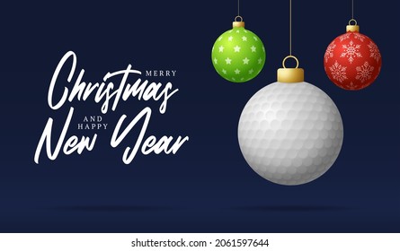 golf Christmas card. Merry Christmas sport greeting card. Hang on a thread golf ball as a xmas ball and colorful bauble on horizontal background. Sport Vector illustration.