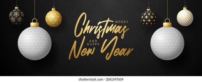 golf Christmas card. Merry Christmas sport greeting card. Hang on a thread golf ball as a xmas ball and golden bauble on black horizontal background. Sport Vector illustration.