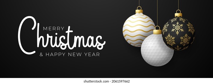 golf Christmas card. Merry Christmas sport greeting card. Hang on a thread golf ball as a xmas ball and golden bauble on black horizontal background. Sport Vector illustration.