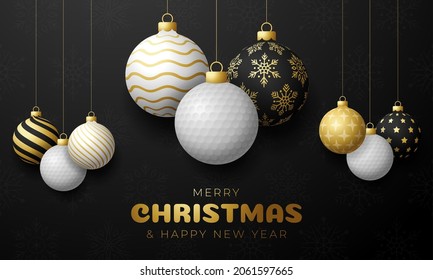 golf Christmas card. Merry Christmas sport greeting card. Hang on a thread golf ball as a xmas ball and golden bauble on black horizontal background. Sport Vector illustration.