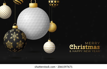 golf Christmas card. Merry Christmas sport greeting card. Hang on a thread golf ball as a xmas ball and golden bauble on black horizontal background. Sport Vector illustration.