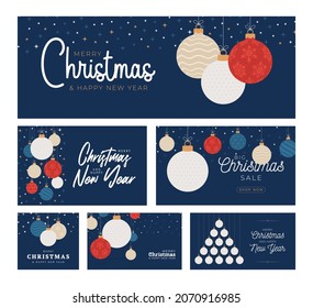 golf Christmas card set. Merry Christmas sport flat greeting card. Hang on a thread golf ball as a xmas ball and color bauble on blue background. Sport Vector illustration collection.