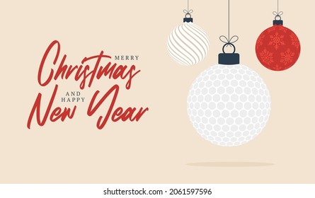 Golf christmas greeting card. Merry Christmas and Happy New Year flat cartoon Sports banner. golf ball as a xmas ball on background. Vector illustration.