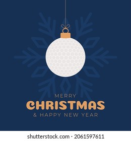 Golf christmas greeting card. Merry Christmas and Happy New Year flat cartoon Sports banner. golf ball as a xmas ball on background. Vector illustration.